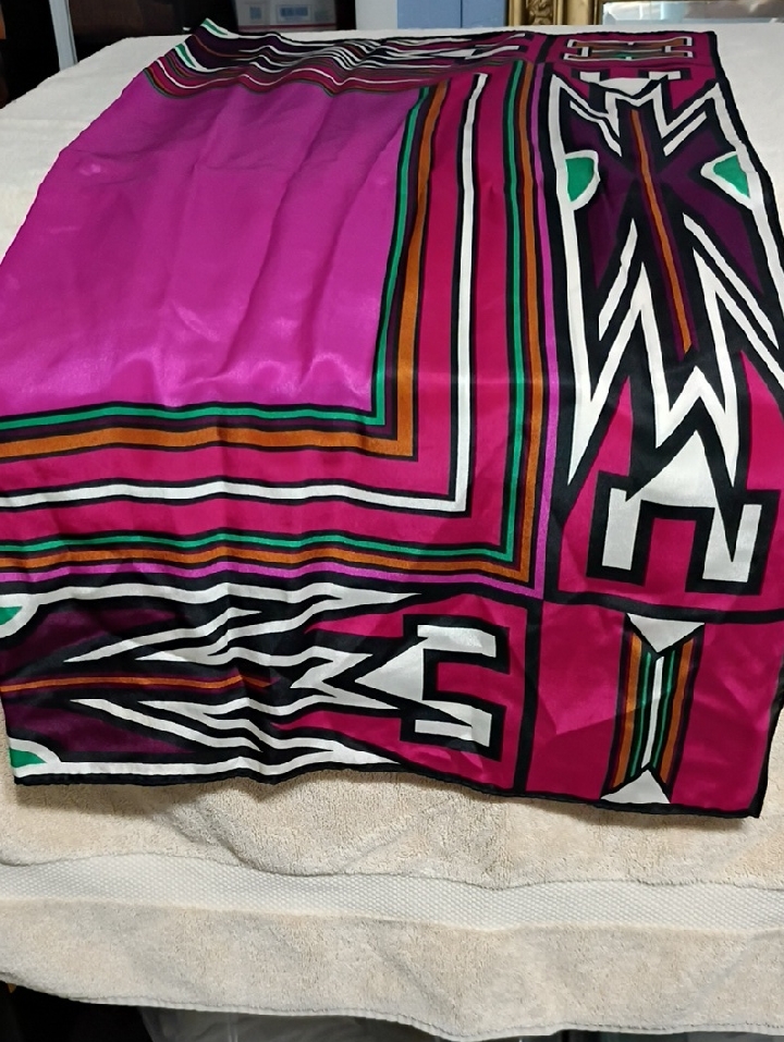 Vintage Pink Geometric Silk Scarf With Black White And Green Accents